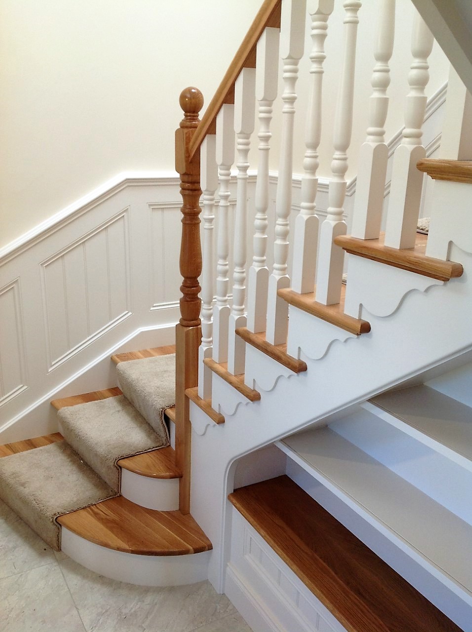 Oak and ivory cut string stairs with under stairs storage and seating ...